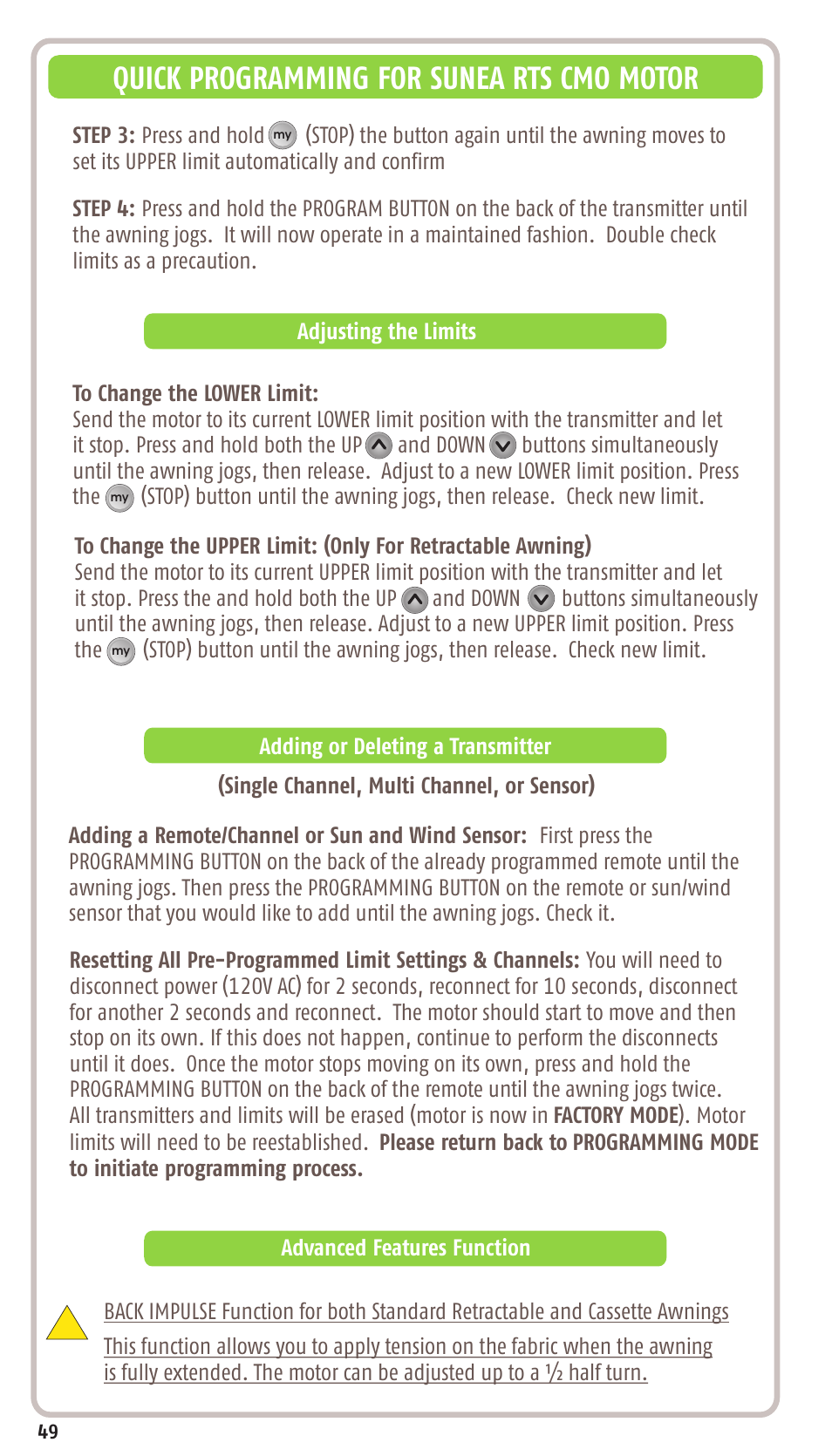 Quick programming for sunea rts cmo motor | SOMFY SONESSE 30 RTS User Manual | Page 52 / 93