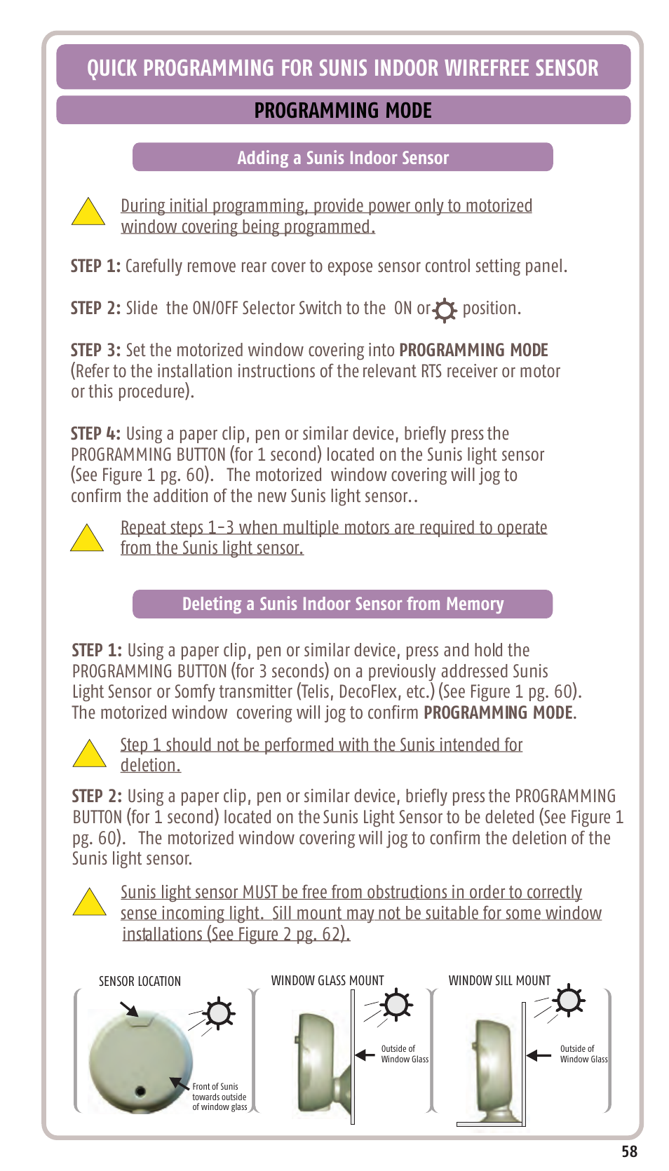 Quick programming for sunis indoor wirefree sensor, Programming mode | SOMFY SONESSE 30 RTS User Manual | Page 61 / 93