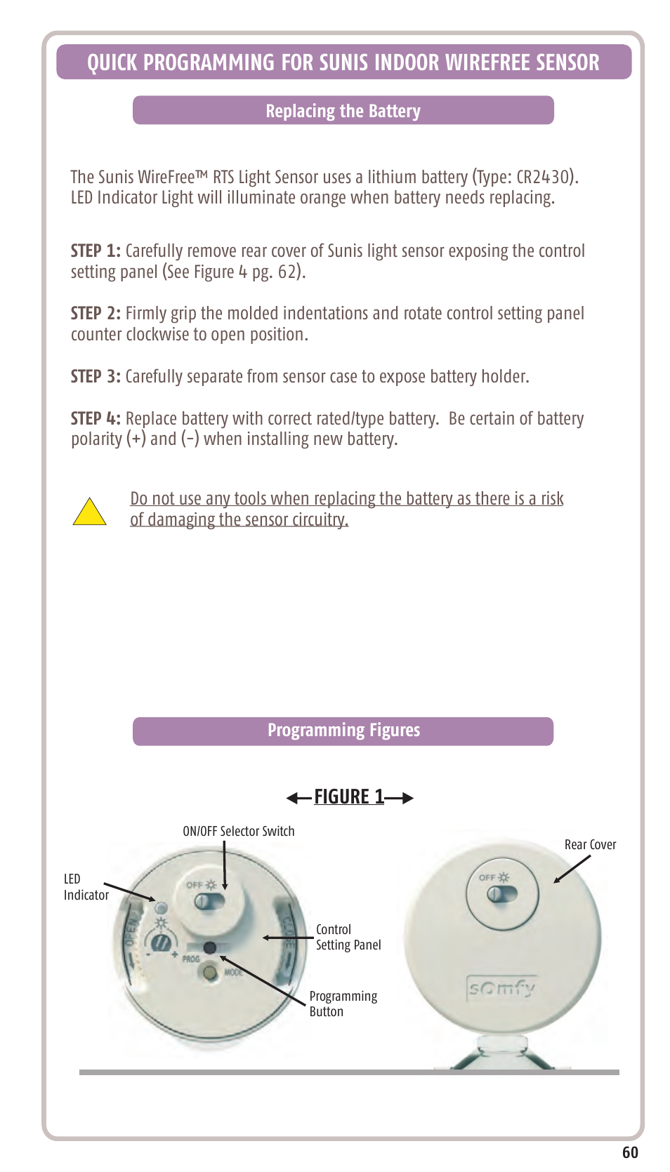 Quick programming for sunis indoor wirefree sensor, Figure 1 | SOMFY SONESSE 30 RTS User Manual | Page 63 / 93