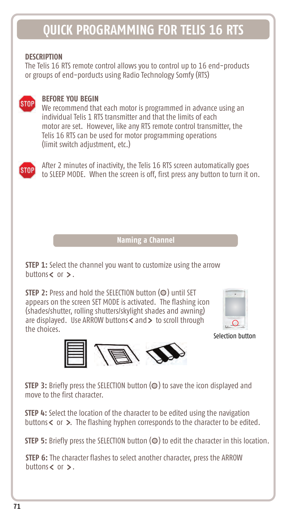 Quick programming for telis 16 rts | SOMFY SONESSE 30 RTS User Manual | Page 74 / 93