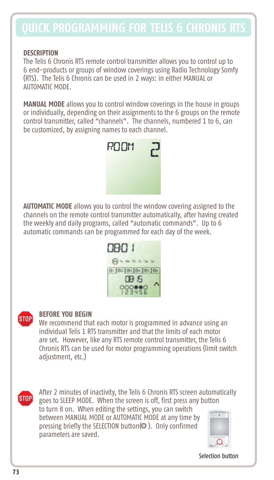 Quick programming for telis 6 chronis rts | SOMFY SONESSE 30 RTS User Manual | Page 76 / 93