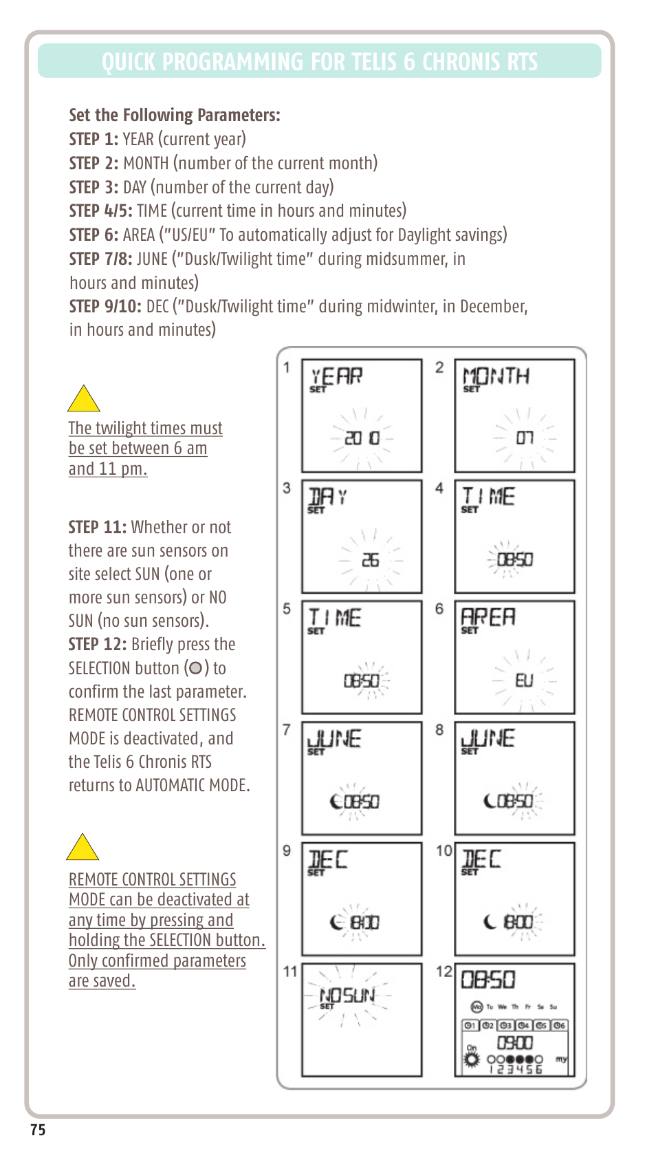 Quick programming for telis 6 chronis rts | SOMFY SONESSE 30 RTS User Manual | Page 78 / 93