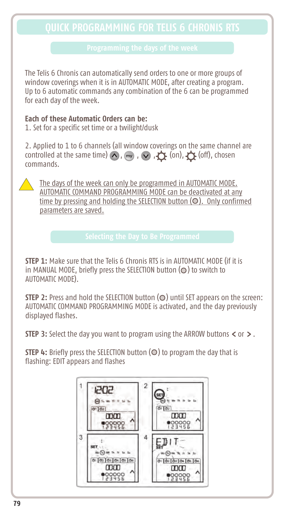 Quick programming for telis 6 chronis rts | SOMFY SONESSE 30 RTS User Manual | Page 82 / 93