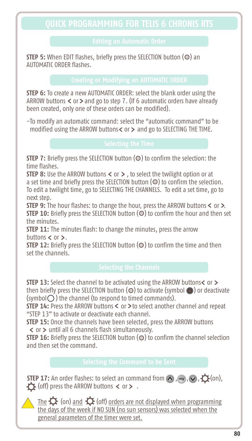 Quick programming for telis 6 chronis rts | SOMFY SONESSE 30 RTS User Manual | Page 83 / 93