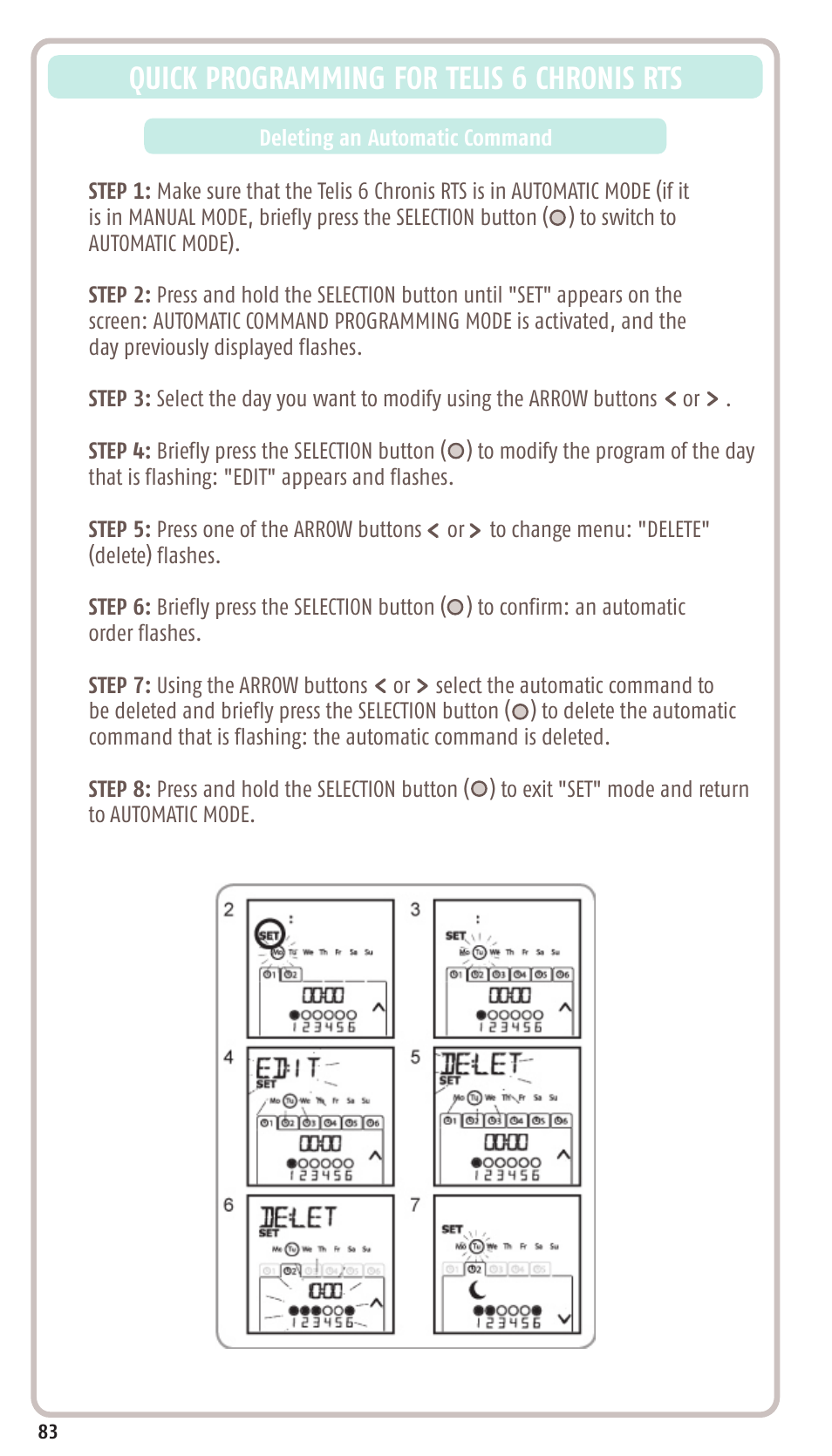 Quick programming for telis 6 chronis rts | SOMFY SONESSE 30 RTS User Manual | Page 86 / 93