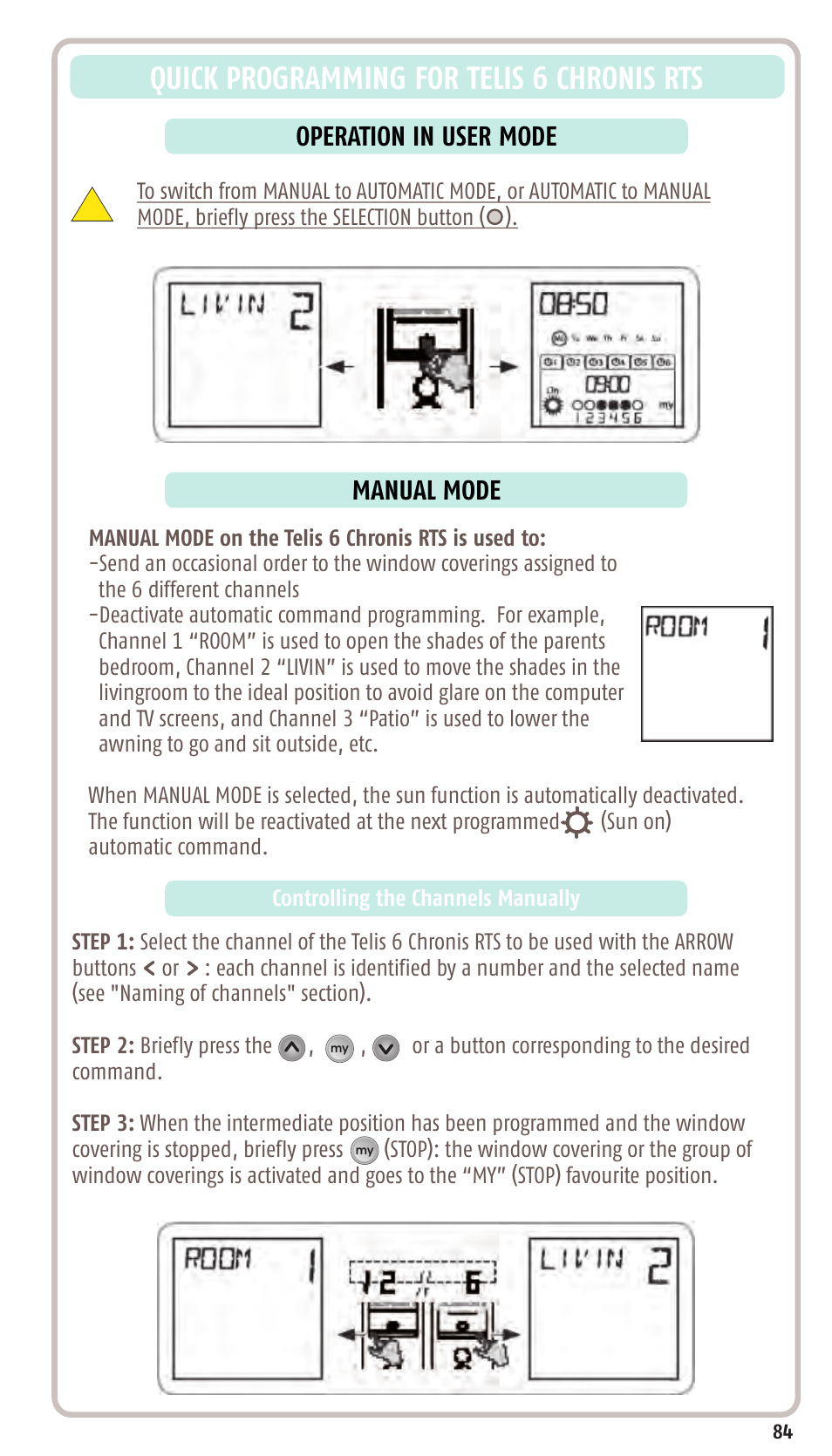 Quick programming for telis 6 chronis rts, Operation in user mode, Manual mode | SOMFY SONESSE 30 RTS User Manual | Page 87 / 93