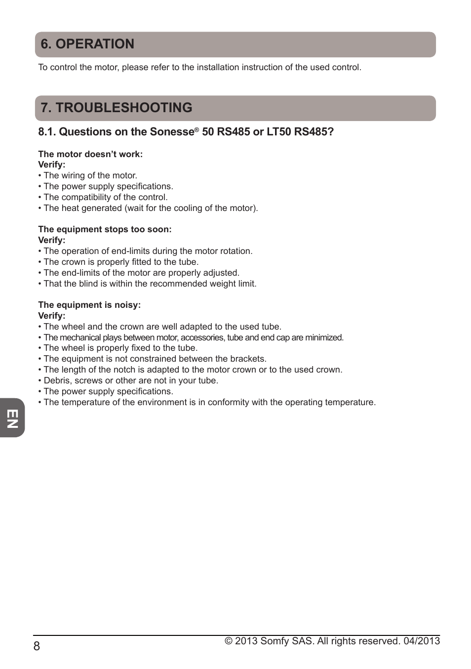 Troubleshooting, Operation | SOMFY SONESSE 50 RTS User Manual | Page 8 / 12