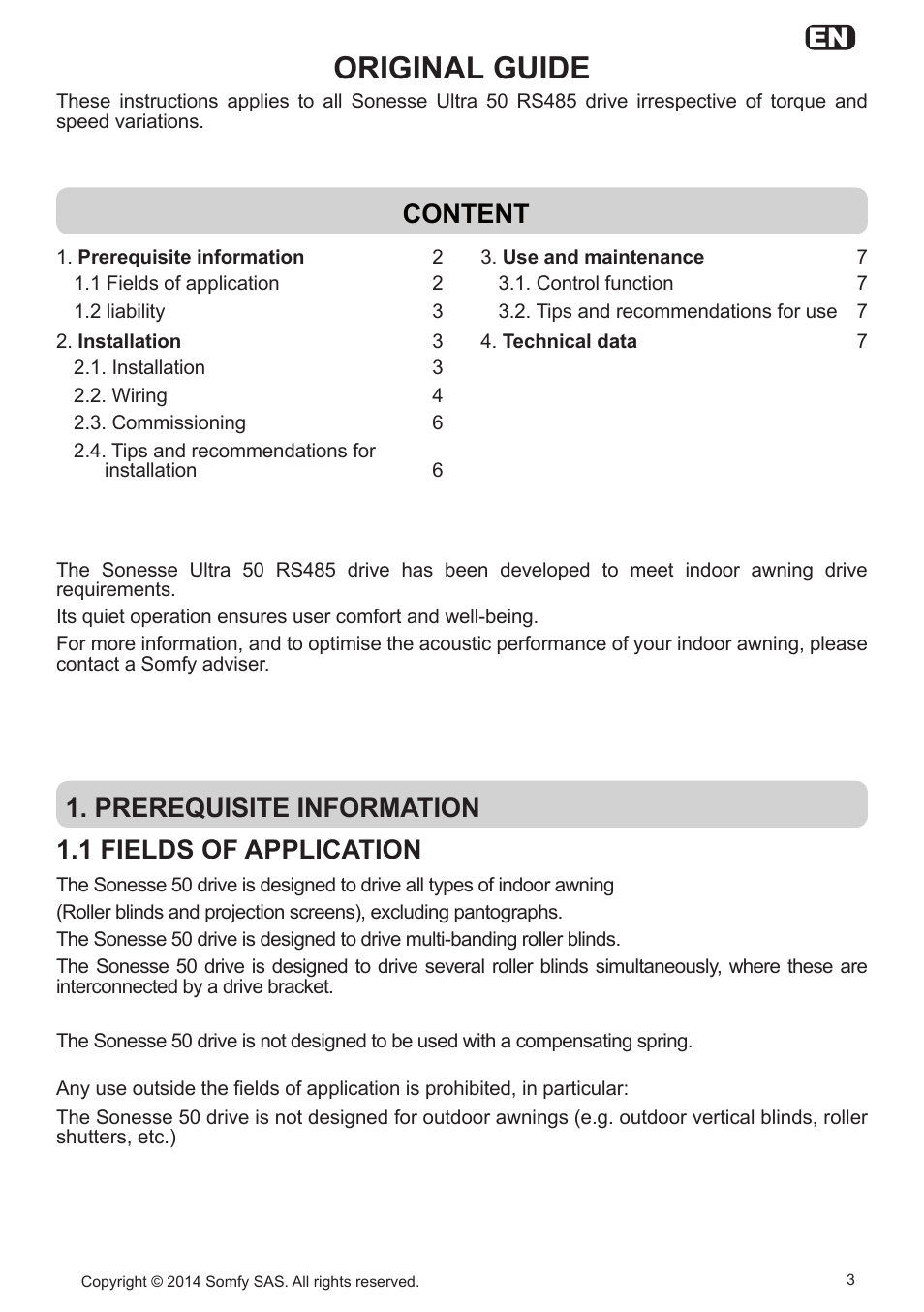 Original guide, Content, Prerequisite information 1.1 fields of application | SOMFY Sonesse Ultra 50 RS485 User Manual | Page 3 / 12