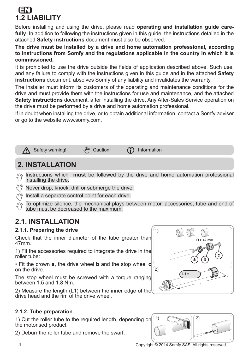 2 liability, Installation | SOMFY Sonesse Ultra 50 RS485 User Manual | Page 4 / 12