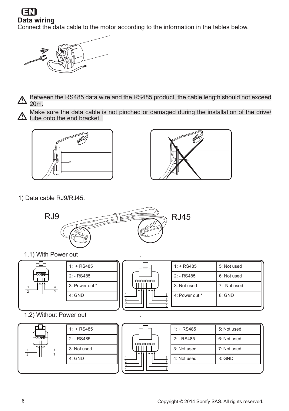 Rj9 rj45, Data wiring, 1) data cable rj9/rj45 | 1) with power out, 2) without power out | SOMFY Sonesse Ultra 50 RS485 User Manual | Page 6 / 12