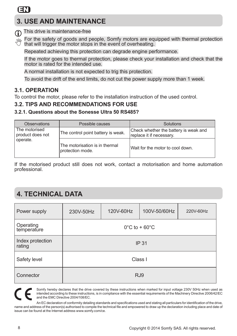 Use and maintenance, Technical data | SOMFY Sonesse Ultra 50 RS485 User Manual | Page 8 / 12