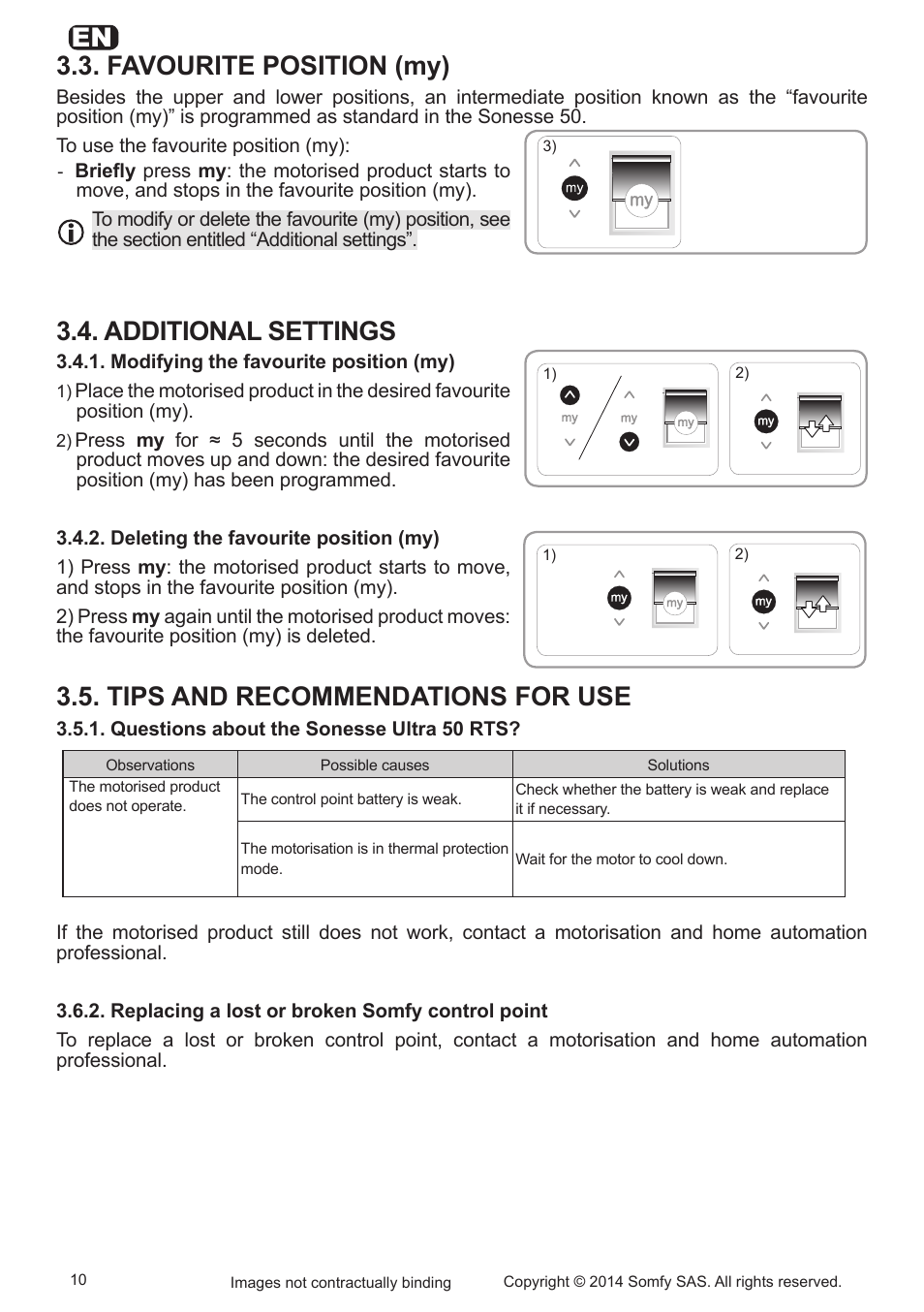 Favourite position (my), Additional settings, Tips and recommendations for use | SOMFY Sonesse Ultra 50 RTS User Manual | Page 10 / 13