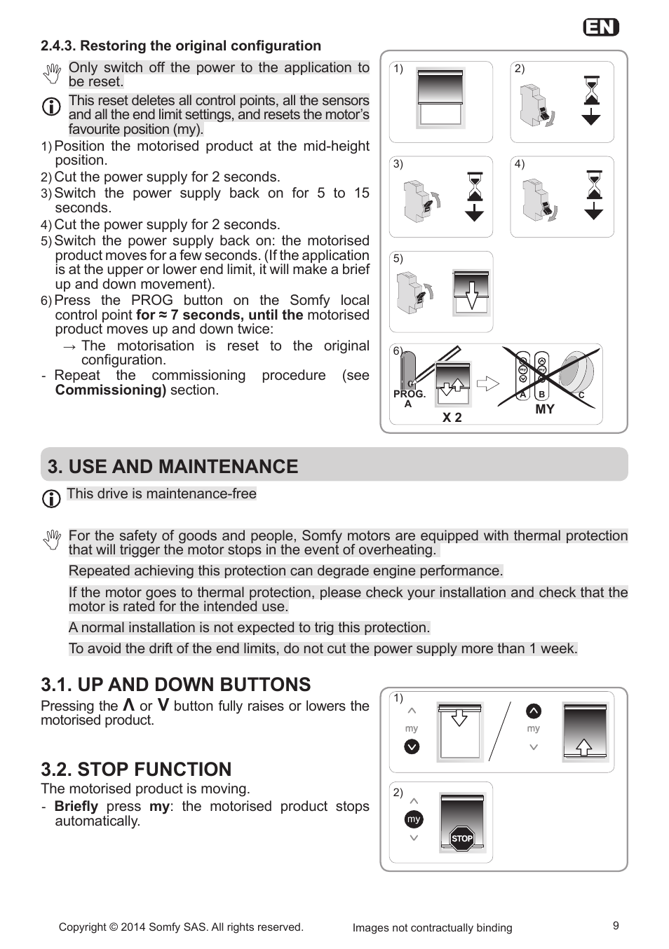 Use and maintenance, Up and down buttons, Stop function | SOMFY Sonesse Ultra 50 RTS User Manual | Page 9 / 13