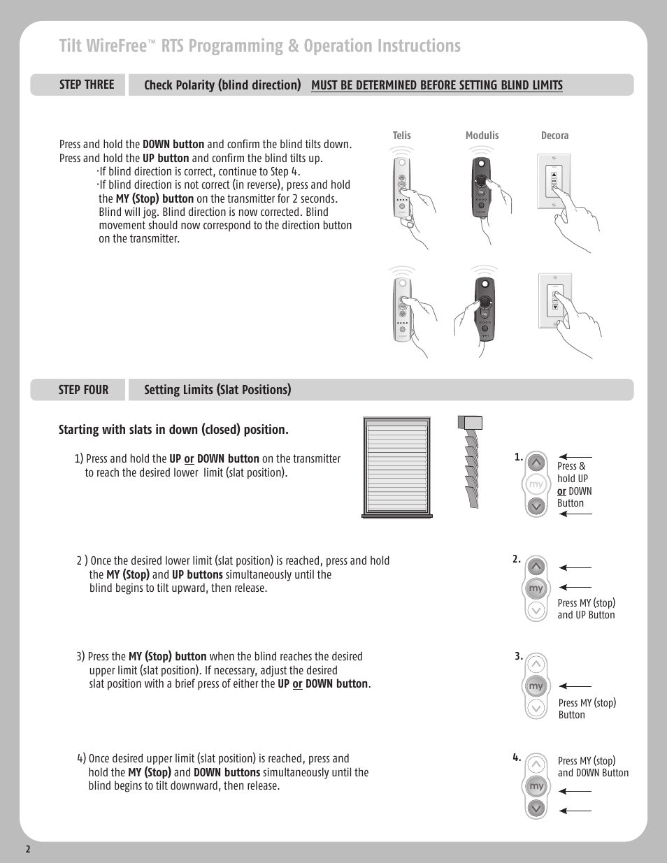 Step four setting limits (slat positions), Starting with slats in down (closed) position | SOMFY TILT WIREFREE RTS User Manual | Page 2 / 8