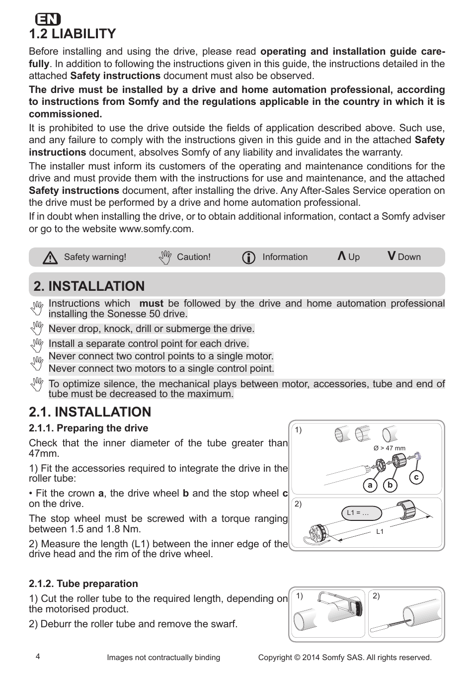 2 liability, Installation | SOMFY Sonesse Ultra 50 User Manual | Page 4 / 10