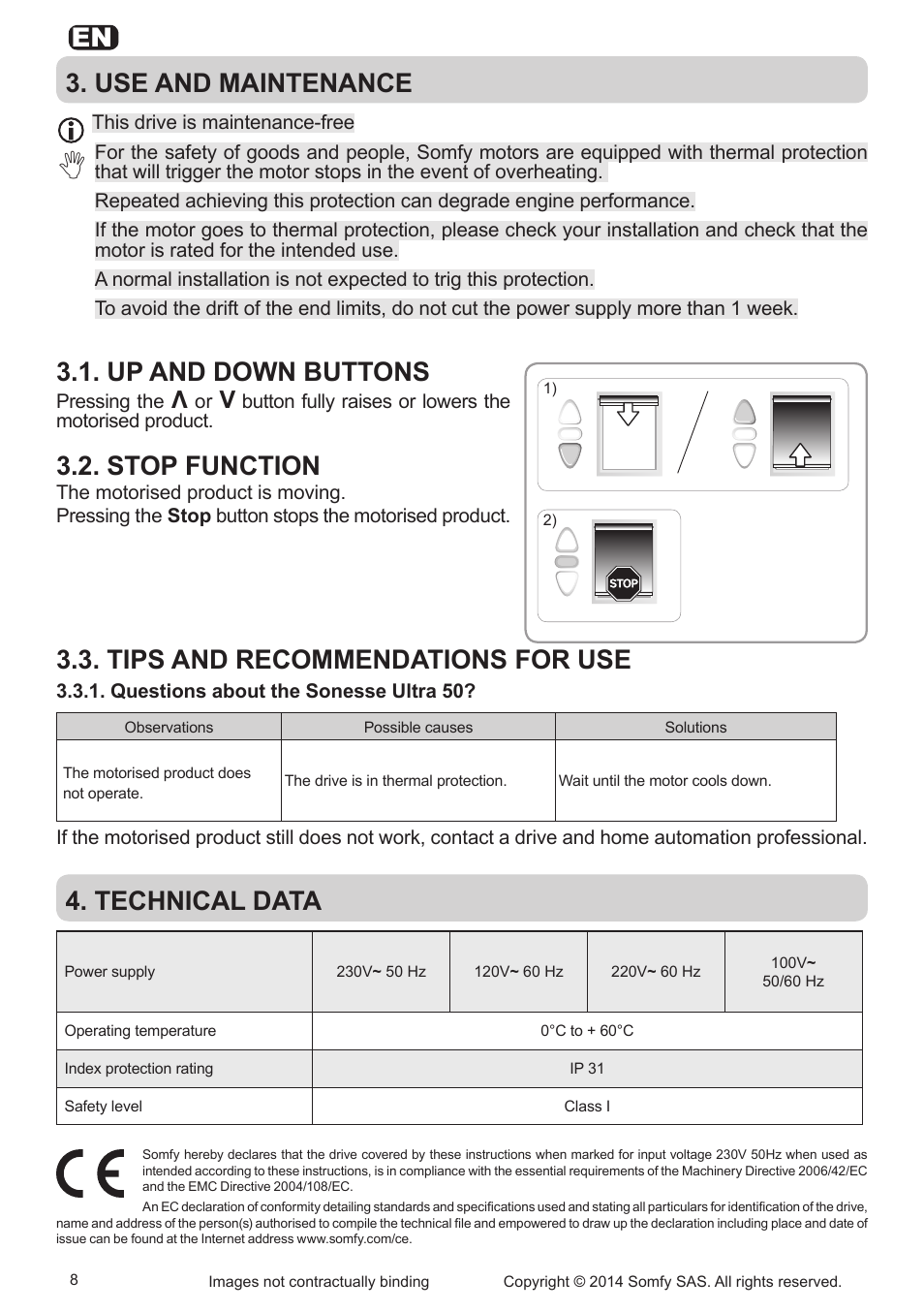 Use and maintenance 3.1. up and down buttons, Stop function, Tips and recommendations for use | Technical data | SOMFY Sonesse Ultra 50 User Manual | Page 8 / 10