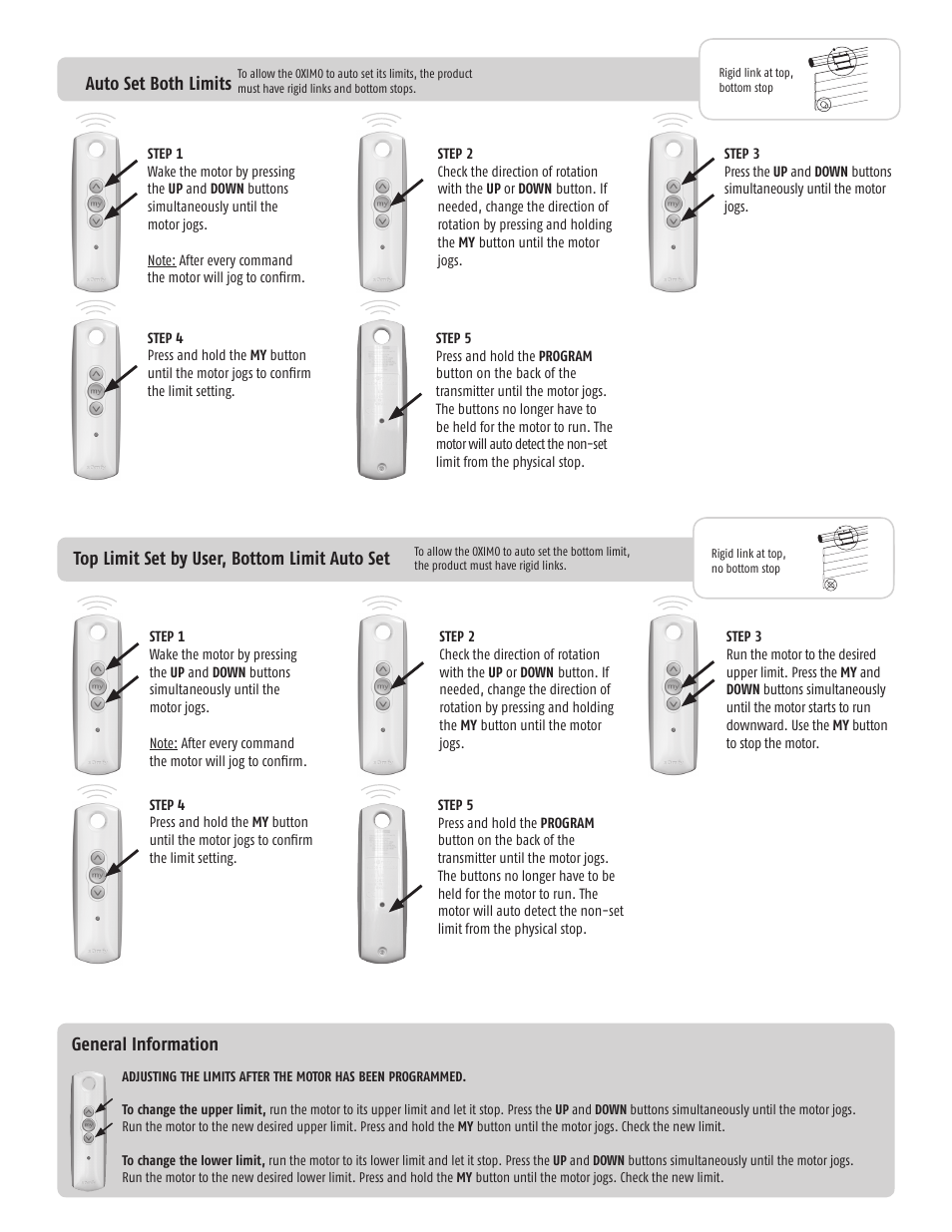 General information, Top limit set by user, bottom limit auto set, Auto set both limits | SOMFY OXIMO User Manual | Page 2 / 4