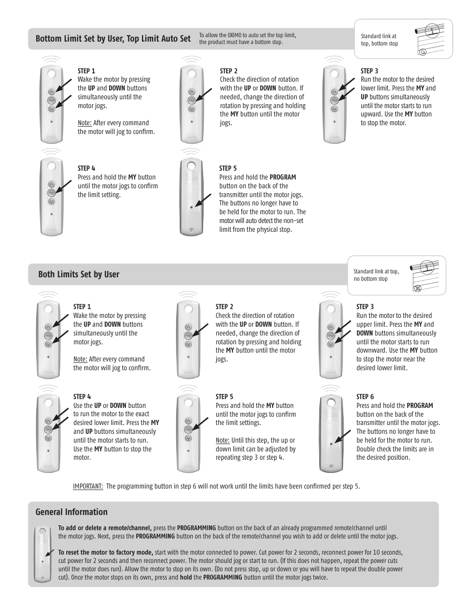 Bottom limit set by user, top limit auto set, General information, Both limits set by user | SOMFY OXIMO User Manual | Page 3 / 4