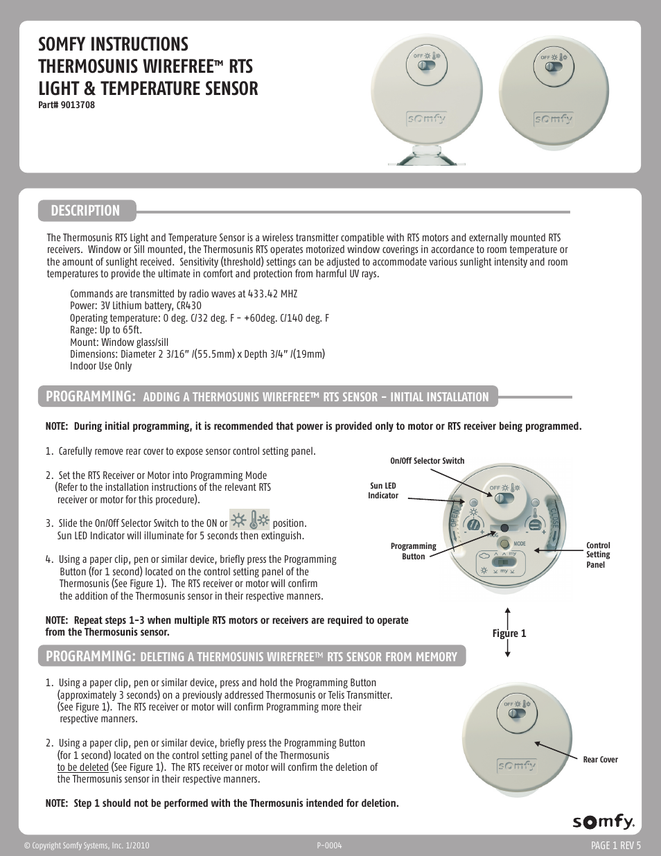 SOMFY THERMO SUNIS INDOOR WIREFREE RTS SUN SENSOR User Manual | 5 pages