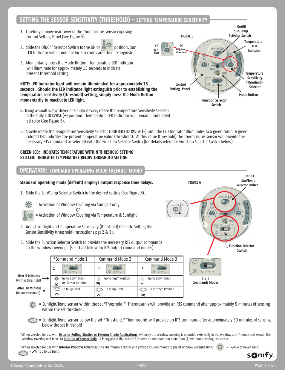 Setting the sensor sensitivity (threshold), Operation, Setting temperature sensitivity | Standard operating mode (default mode) | SOMFY THERMO SUNIS INDOOR WIREFREE RTS SUN SENSOR User Manual | Page 3 / 5