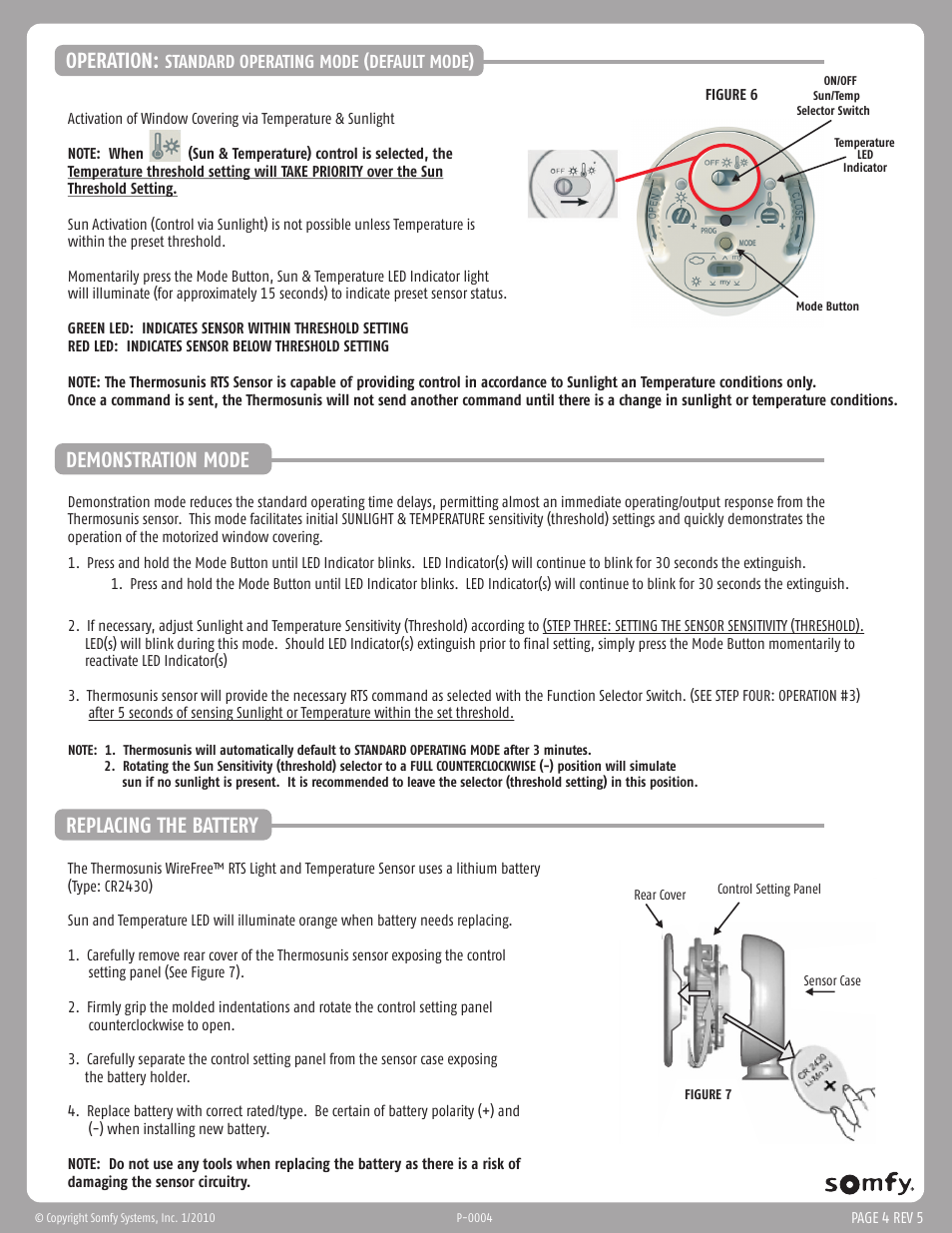 Operation, Replacing the battery, Demonstration mode | SOMFY THERMO SUNIS INDOOR WIREFREE RTS SUN SENSOR User Manual | Page 4 / 5