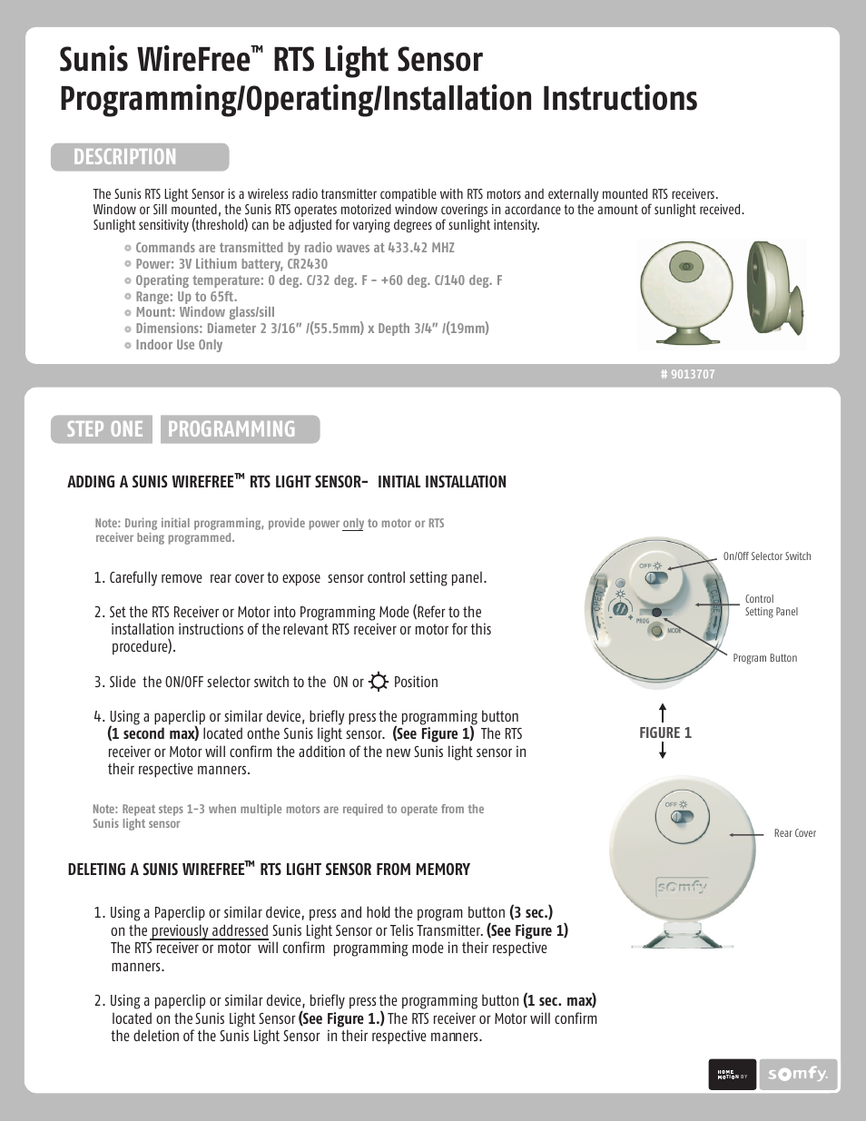 SOMFY SUNIS INDOOR WIREFREE RTS SUN SENSOR User Manual | 4 pages