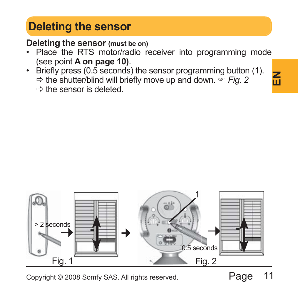 Deleting the sensor, 11 page | SOMFY THERMO SUNIS INDOOR WIREFREE RTS SUN SENSOR Installation User Manual | Page 11 / 64