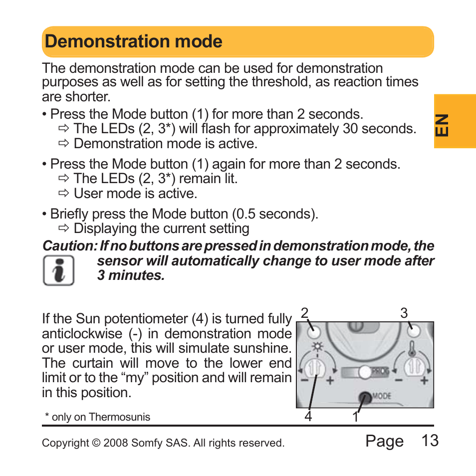 Demonstration mode, 13 page | SOMFY THERMO SUNIS INDOOR WIREFREE RTS SUN SENSOR Installation User Manual | Page 13 / 64