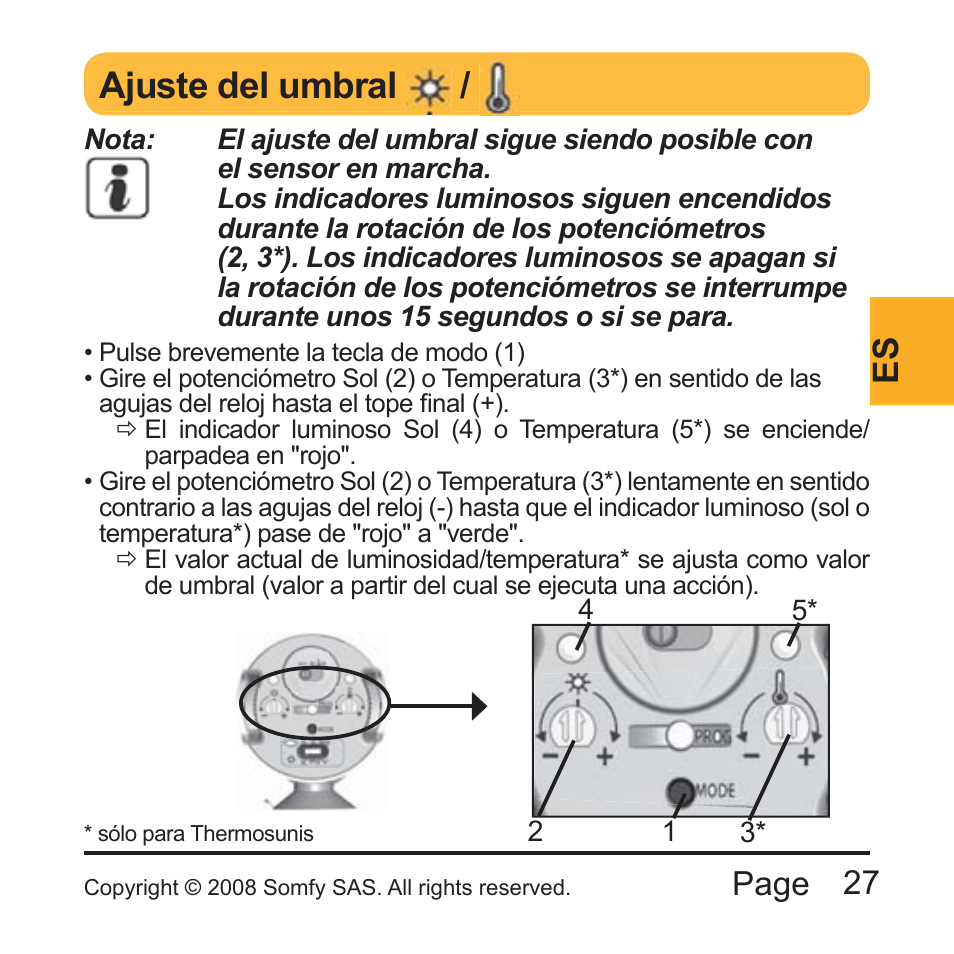 Ajuste del umbral, 27 page | SOMFY THERMO SUNIS INDOOR WIREFREE RTS SUN SENSOR Installation User Manual | Page 27 / 64