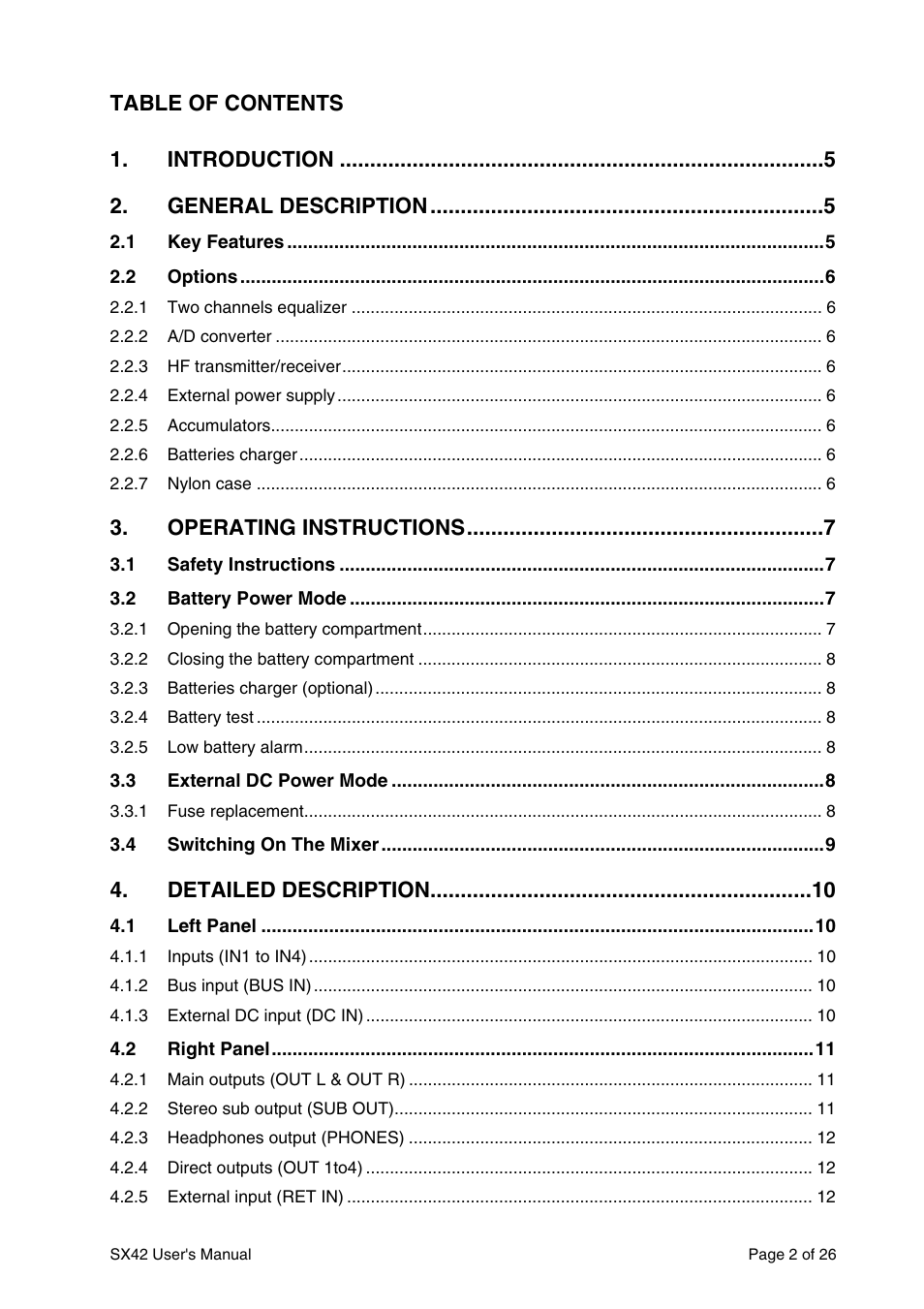 Table of contents 1, Introduction, General description | Operating instructions, Detailed description | SONOSAX SX42 User Manual | Page 2 / 26