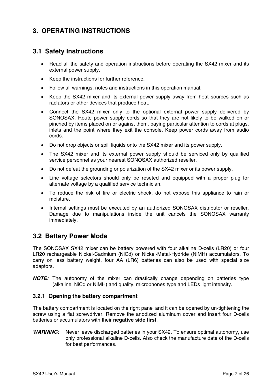 Operating instructions 3.1 safety instructions, 2 battery power mode | SONOSAX SX42 User Manual | Page 7 / 26