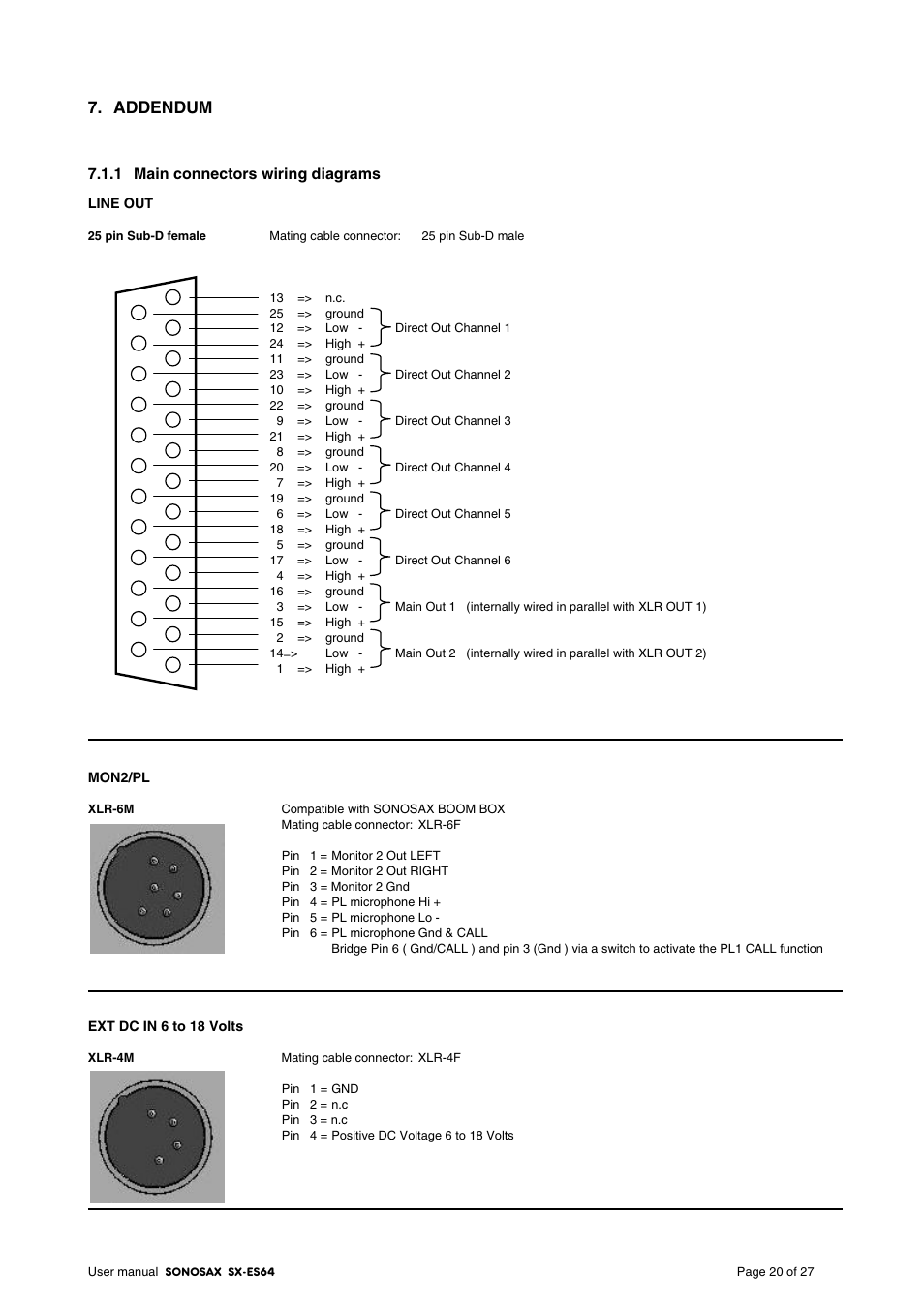 Addendum, 1 main connectors wiring diagrams | SONOSAX SX-ES64 User Manual | Page 20 / 27