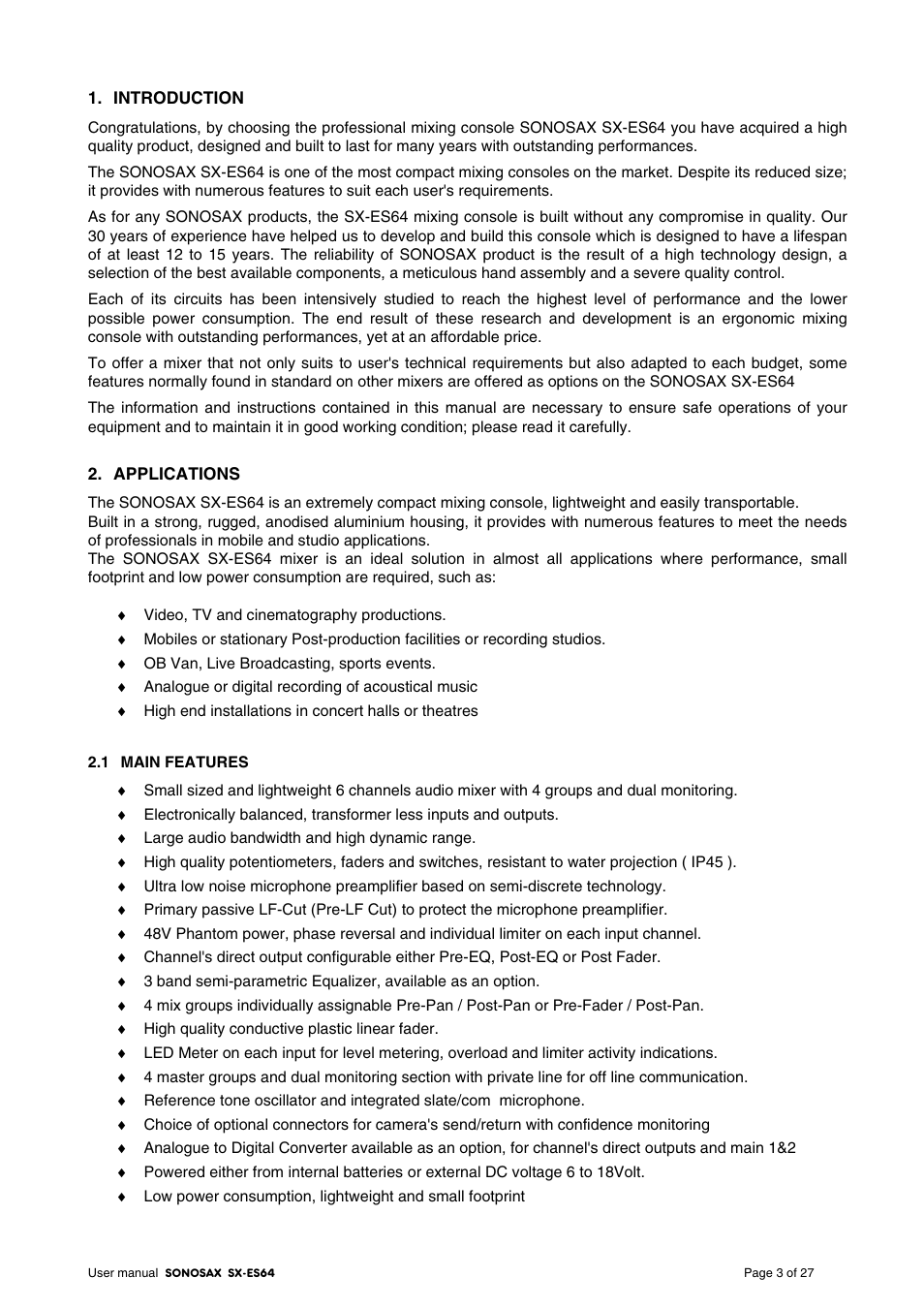 Introduction, Applications | SONOSAX SX-ES64 User Manual | Page 3 / 27