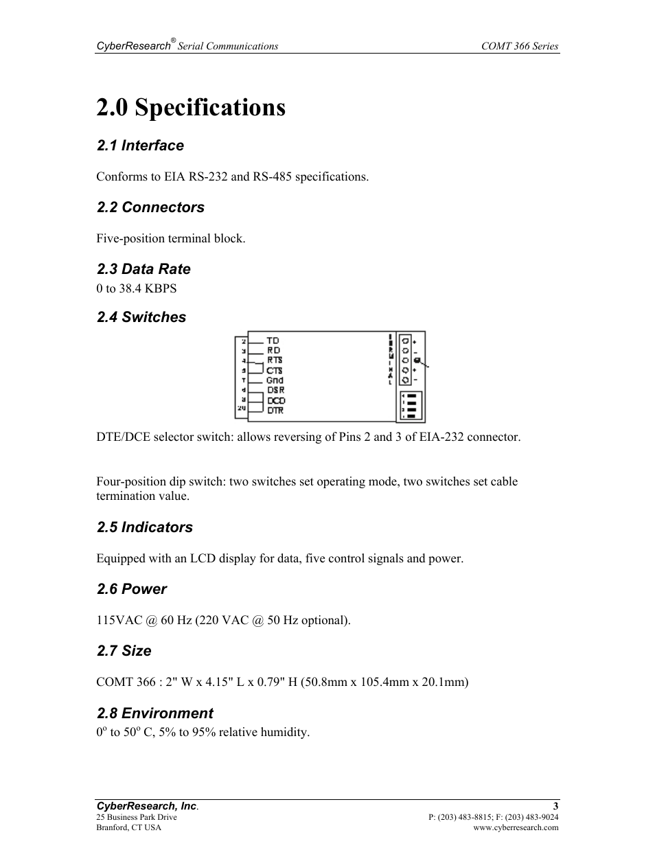 0 specifications, 1 interface, 2 connectors | 3 data rate, 4 switches, 5 indicators, 6 power, 7 size, 8 environment | CyberResearch RS-232 User Manual | Page 11 / 24