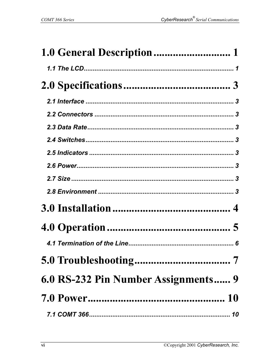 0 general description, 0 specifications, 0 installation | 0 operation, 0 troubleshooting, 0 rs-232 pin number assignments, 0 power | CyberResearch RS-232 User Manual | Page 8 / 24