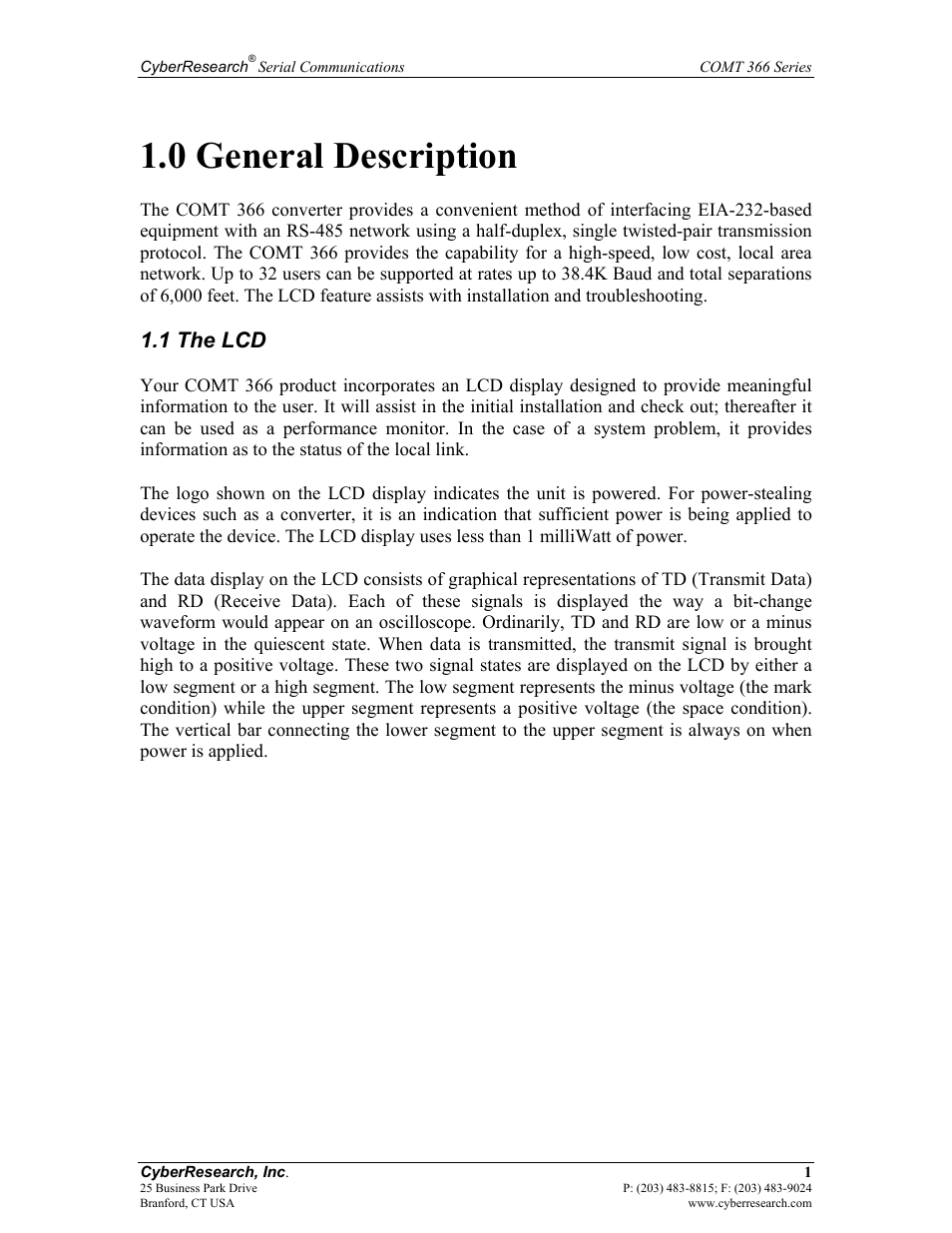 0 general description, 1 the lcd | CyberResearch RS-232 User Manual | Page 9 / 24