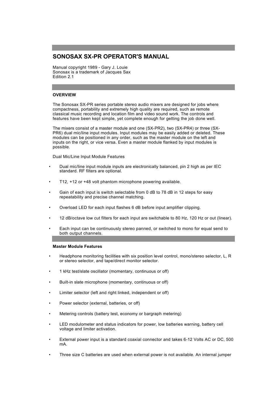SONOSAX SX-PR (by Gary J. Louie) User Manual | 6 pages