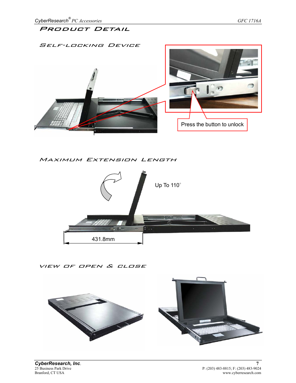 Product detail, Self-locking device, Maximum extension length | View of open & close | CyberResearch GFC 1716A User Manual | Page 13 / 40