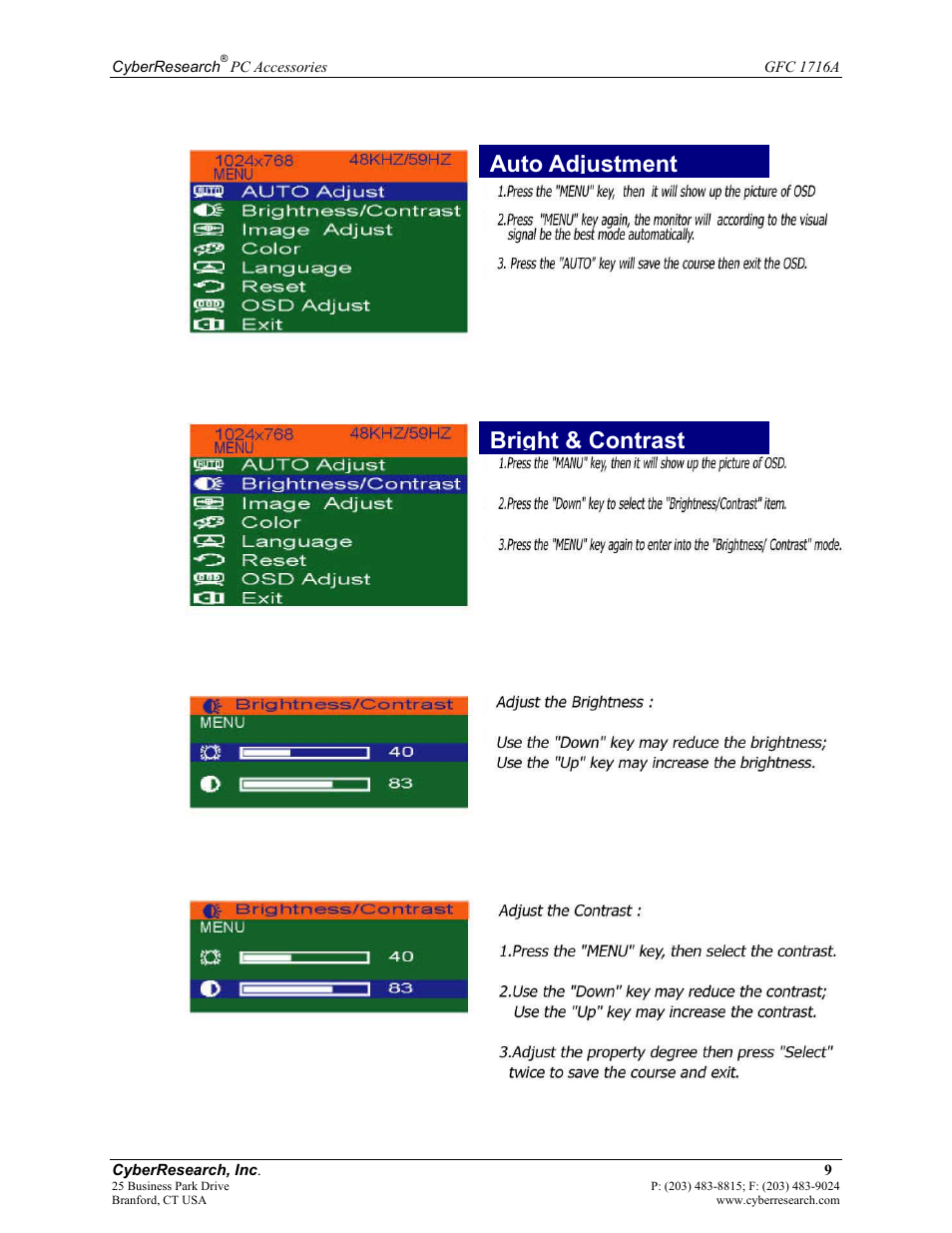 Auto adjustment bright & contrast | CyberResearch GFC 1716A User Manual | Page 15 / 40