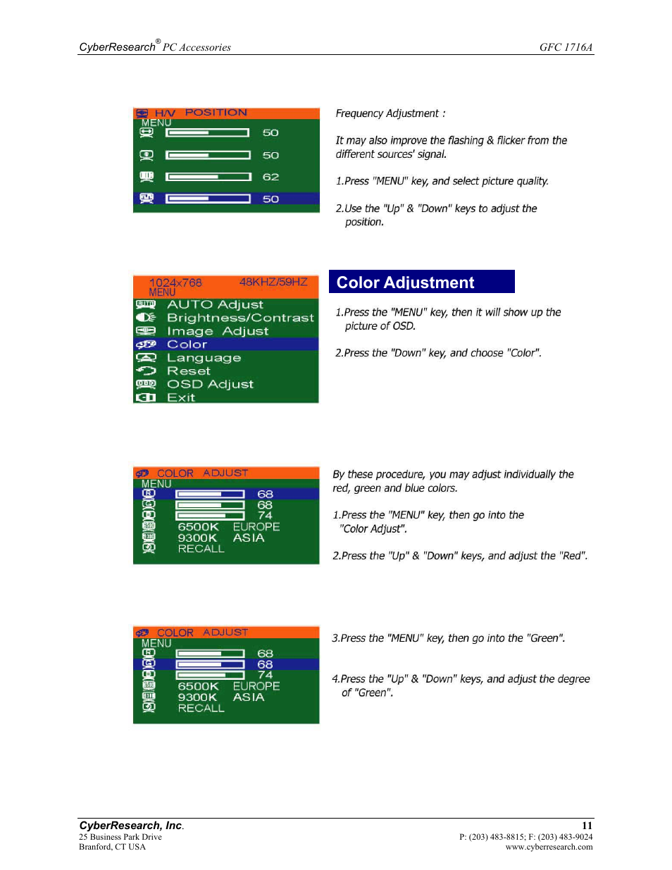Color adjustment | CyberResearch GFC 1716A User Manual | Page 17 / 40