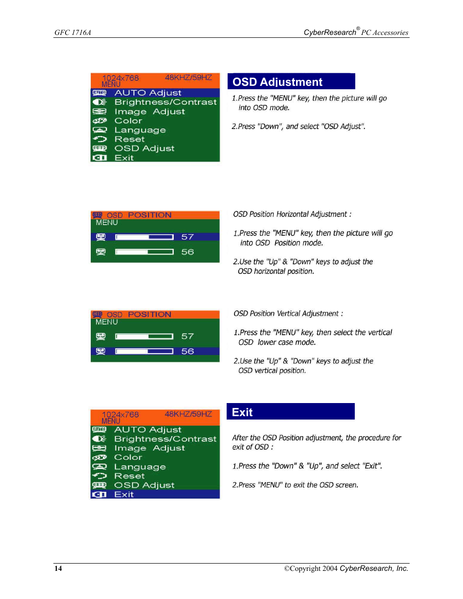 Osd adjustment exit | CyberResearch GFC 1716A User Manual | Page 20 / 40