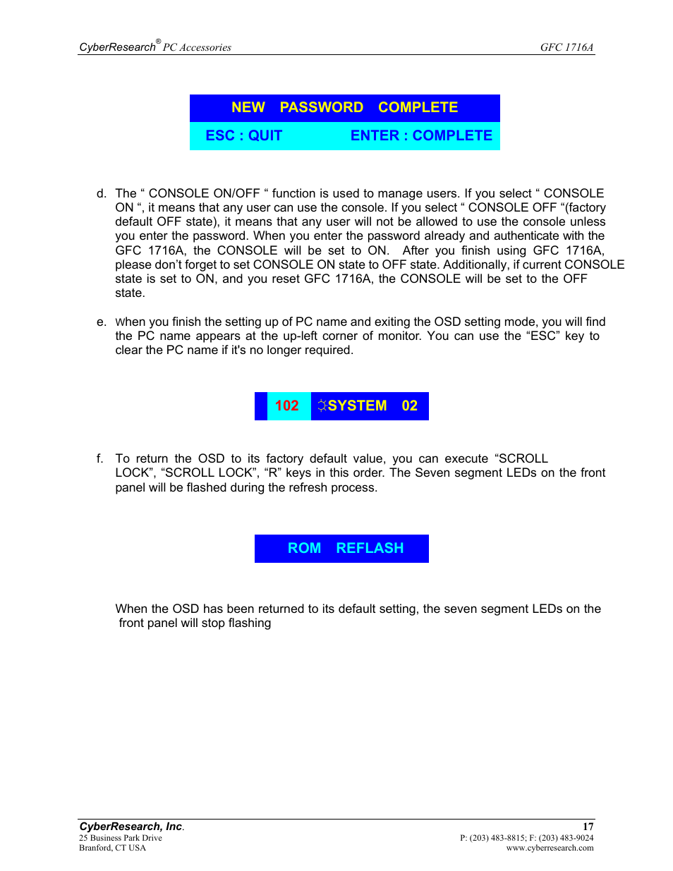 New password complete esc : quit enter : complete, Rom reflash | CyberResearch GFC 1716A User Manual | Page 23 / 40