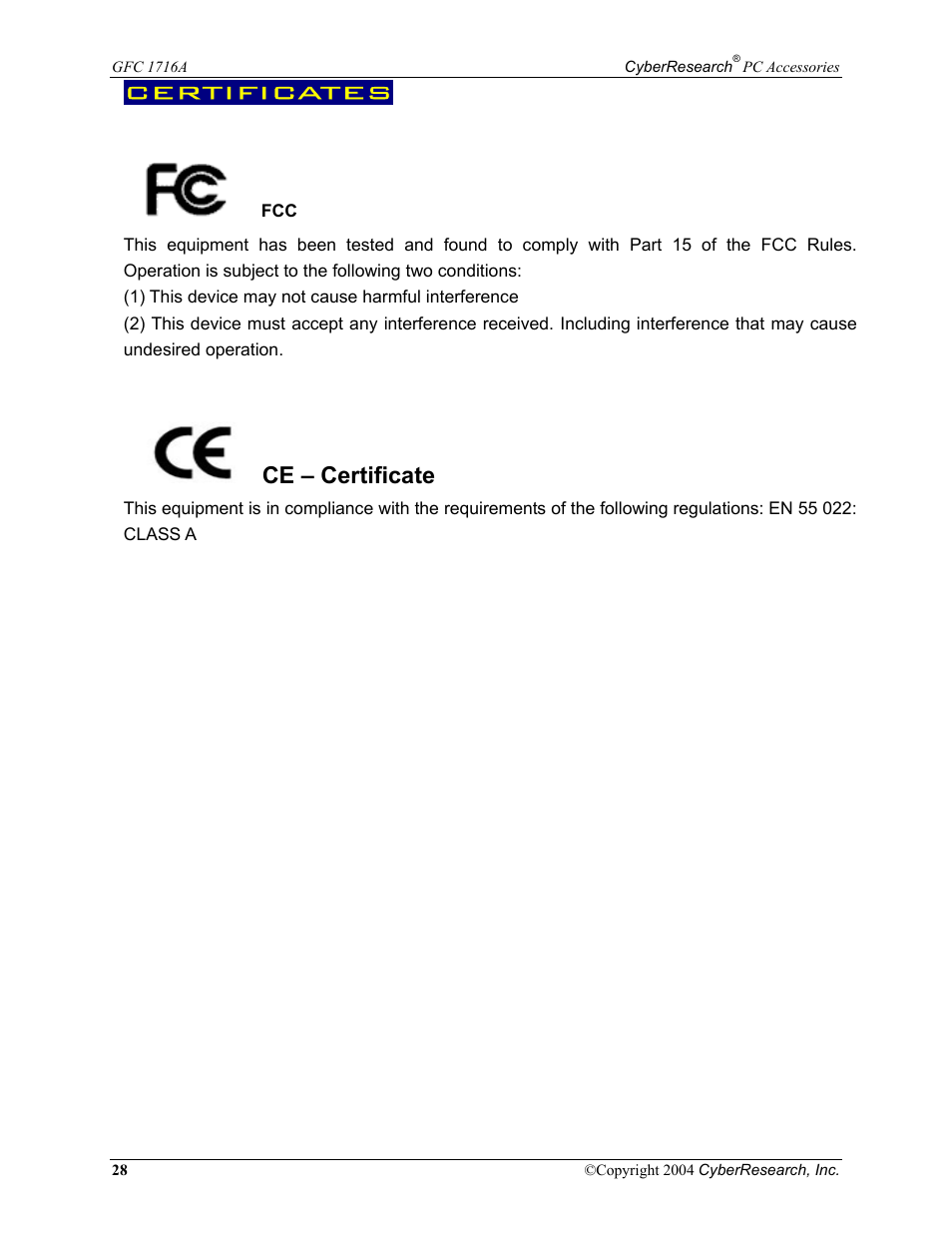 Certificates, Ce – certificate | CyberResearch GFC 1716A User Manual | Page 34 / 40