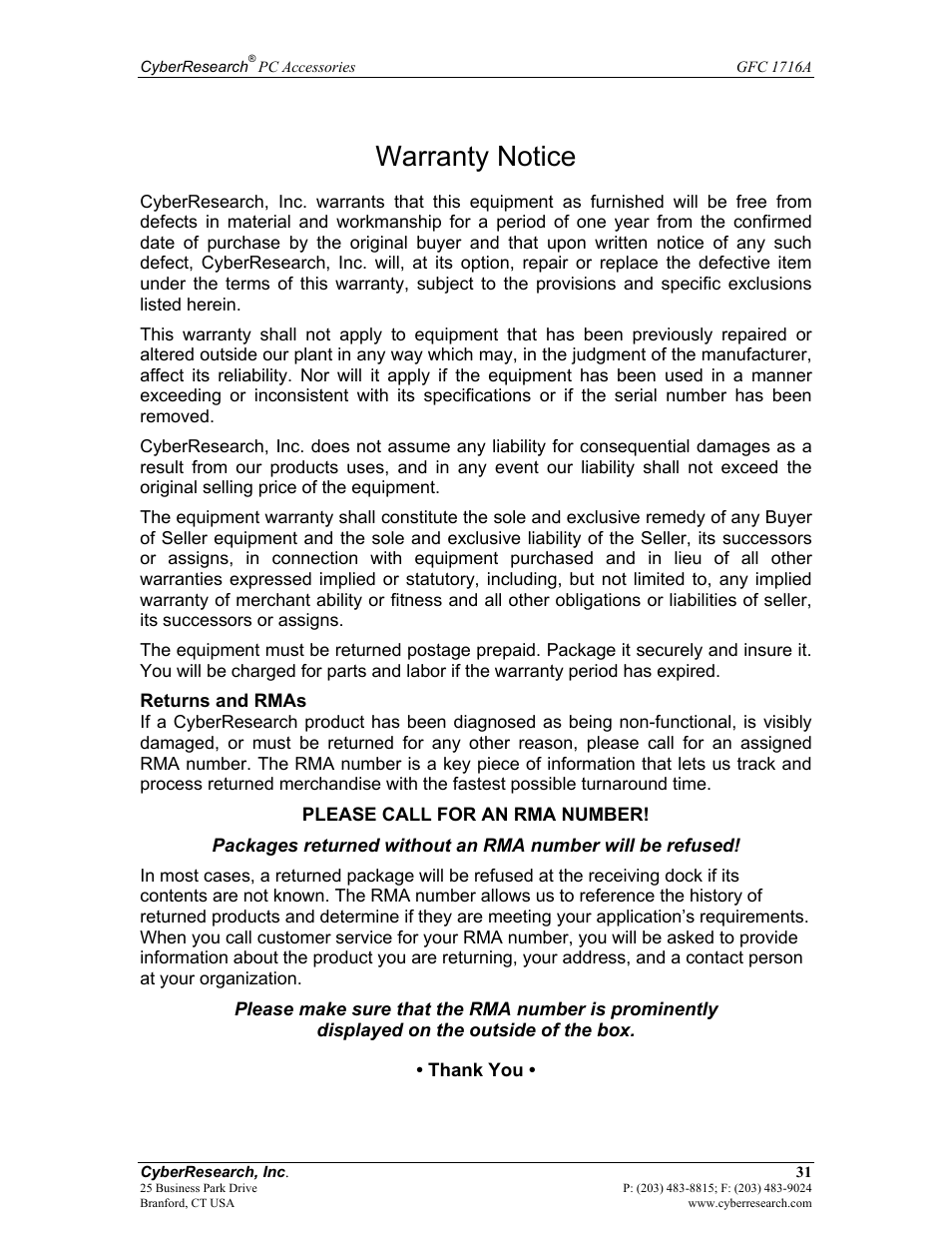 Warranty notice | CyberResearch GFC 1716A User Manual | Page 37 / 40