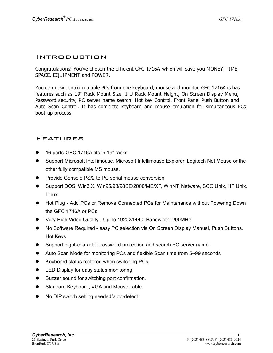 Introduction, Features | CyberResearch GFC 1716A User Manual | Page 7 / 40