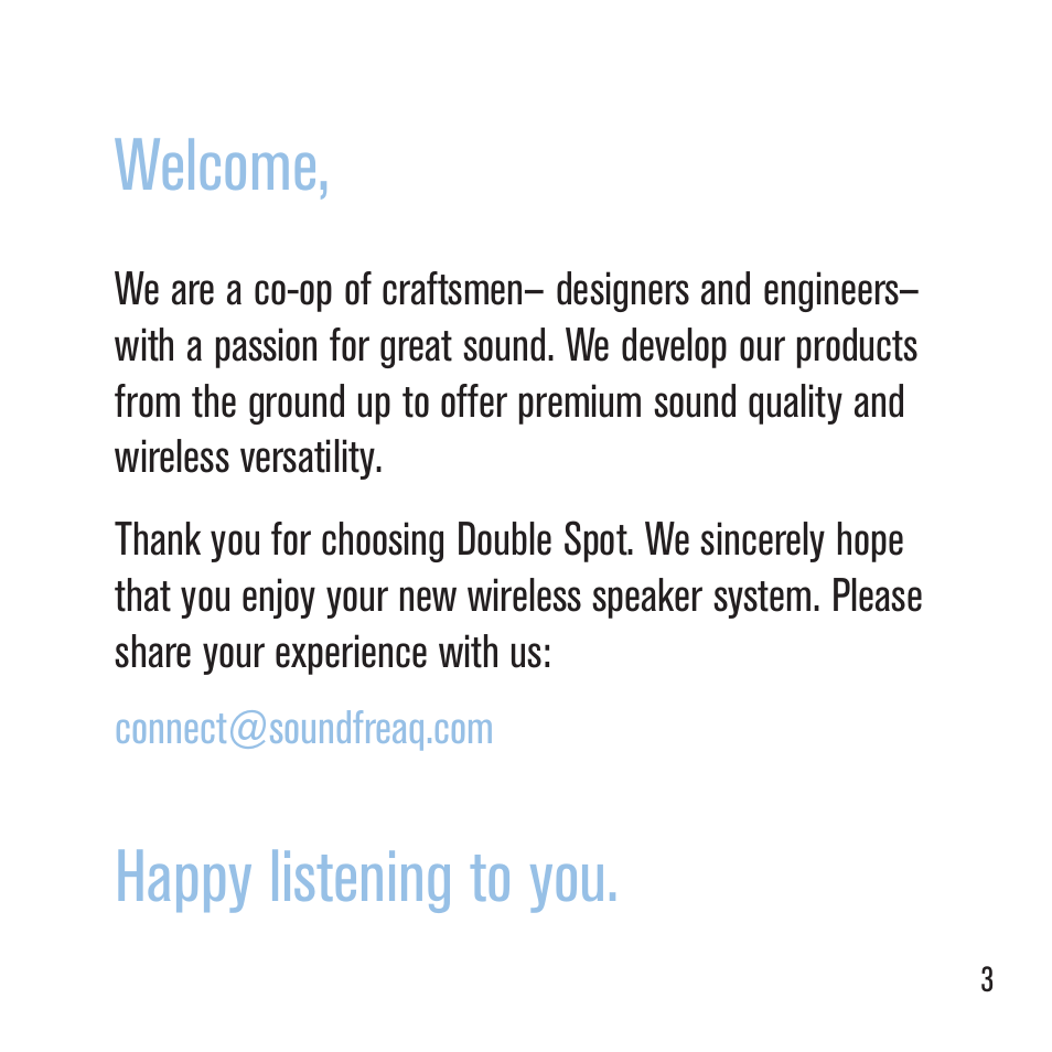 Sfq-09 qsg_p3, Welcome, Happy listening to you | SoundFreaq SFQ-09 User Manual | Page 3 / 24