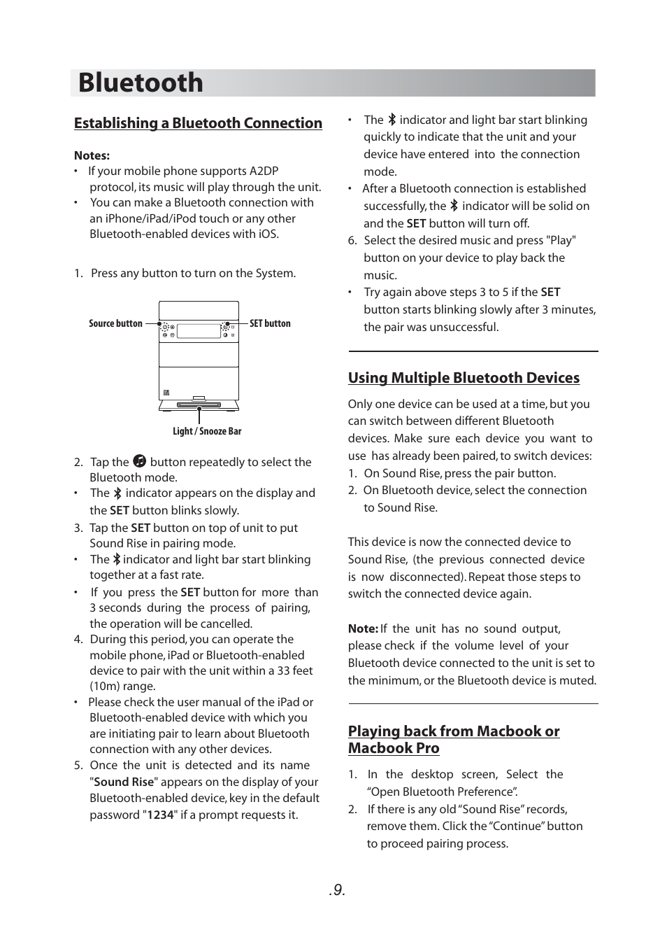 Bluetooth, Establishing a bluetooth connection, Using multiple bluetooth devices | Playing back from macbook or macbook pro | SoundFreaq SFQ-05 User Manual | Page 10 / 20