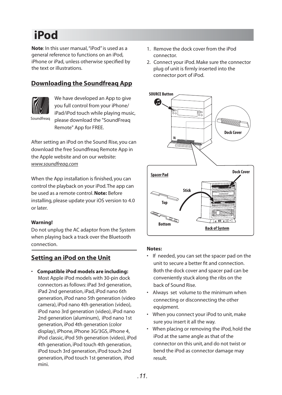 Ipod, Downloading the soundfreaq app, Setting an ipod on the unit | SoundFreaq SFQ-05 User Manual | Page 12 / 20