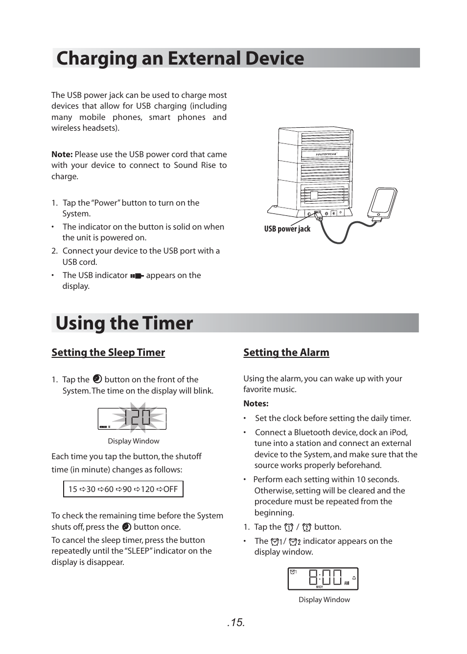 Charging an external device using the timer, Setting the sleep timer, Setting the alarm | SoundFreaq SFQ-05 User Manual | Page 16 / 20