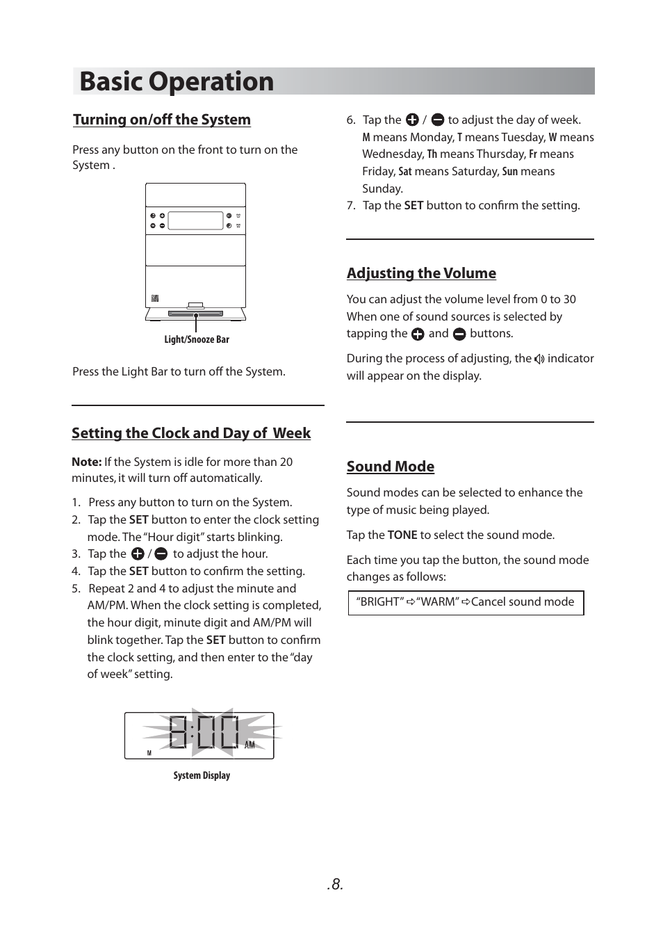 Basic operation, Turning on/off the system, Setting the clock and day of week | Adjusting the volume, Sound mode | SoundFreaq SFQ-05 User Manual | Page 9 / 20